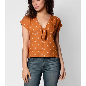 NWOT Trovata Birds of Paradis Jodie Tie Front Shirt Top Tobacco Dot Brown L
